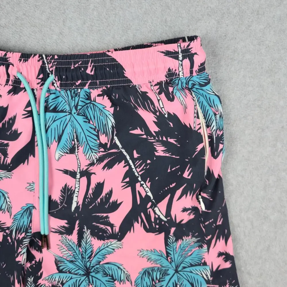 SURFCUZ Mens Medium Pink Swim Trunks Black Blue Palm Tree Pattern Drawstring